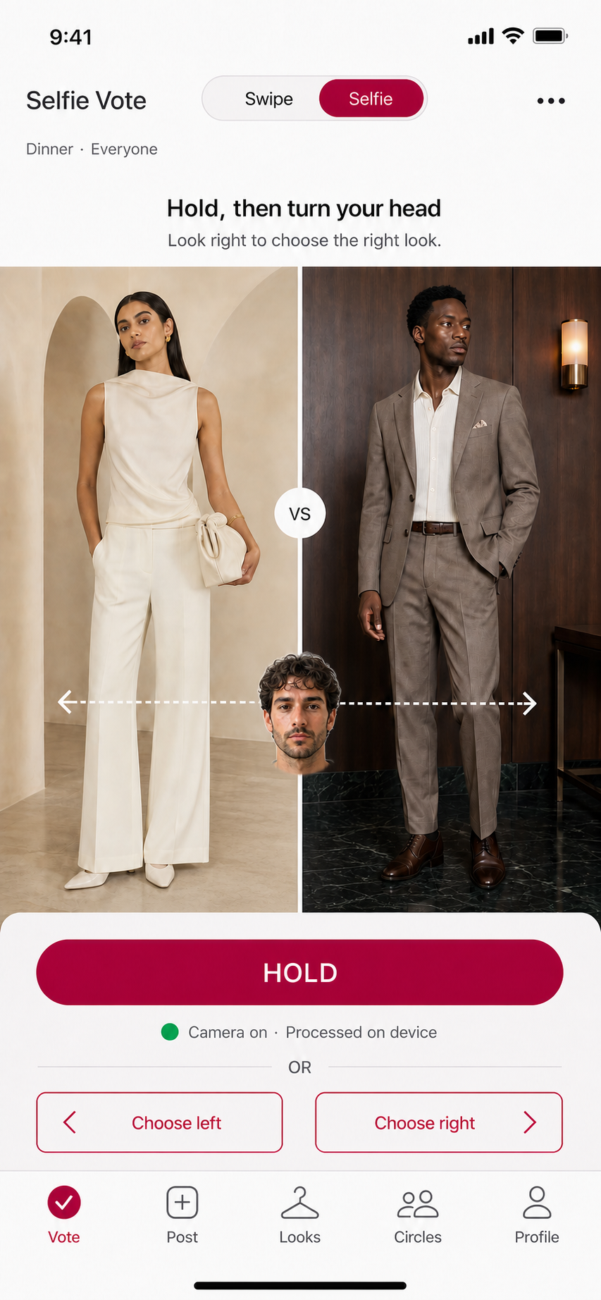 OFFO selfie voting preview with two outfits around a private on-device camera view